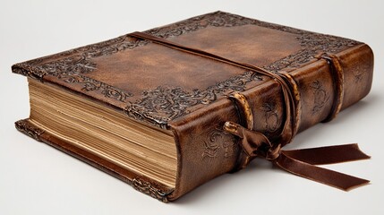 Obraz premium Ornate brown leather book, tied with ribbon, resting on off-white surface
