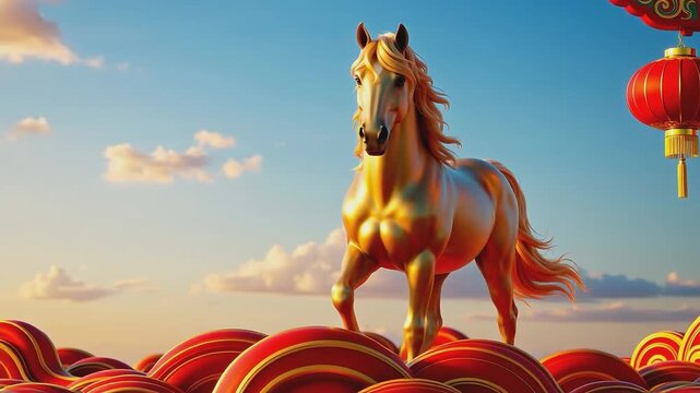 Golden horse standing on red wave patterns with Chinese lantern and dramatic sky in traditional Asian art style