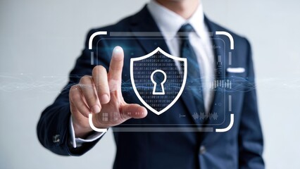 Confident businessman secures digital future with advanced cybersecurity interface and keyhole shield