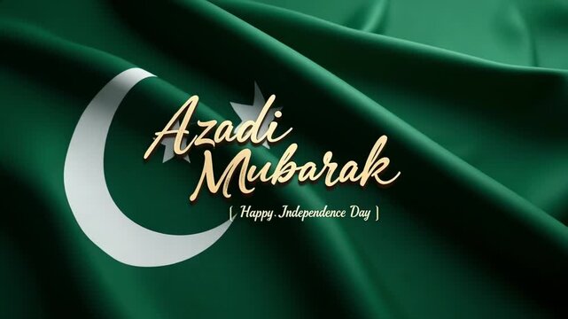 Pakistani Independence Day message Azadi Mubarak overlays a gently rippling green national flag texture.