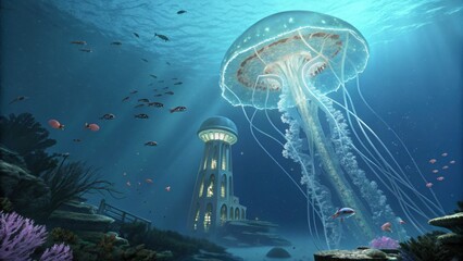 Enchanting underwater world with giant glowing jellyfish and ancient tower attracts curious fish