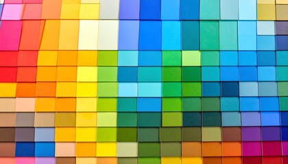 A vibrant wall of square tiles arranged in a full-color spectrum or palette.