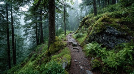 Misty mountain trail winds through lush, moss-covered forest