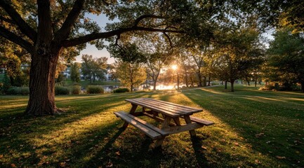 Sunset illuminates a picnic table beneath a large tree in a park