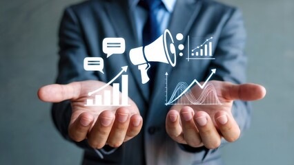 Businessman showcasing growth charts and marketing icons, symbolizing business success and communication strategies.
