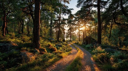Obraz premium Sunlit path through a verdant forest, ending at a small structure near a lake