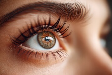 Obraz premium A detailed close-up of a human eye with long eyelashes, brown iris, and sharp eyebrow, capturing the intricate texture and reflection in the eye