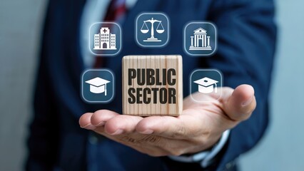 Businessman presenting public sector concepts with icons for education, law, and institutions