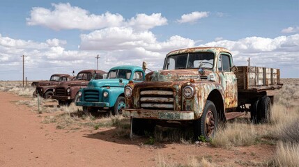 Obraz premium Several vintage trucks parked in a desert landscape.