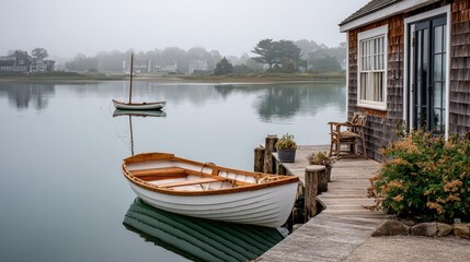 Obraz premium Misty morning scene of a small wooden boat docked at a tranquil waterside.