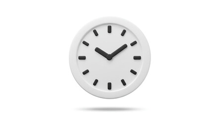 A minimalist white wall clock icon with black hands, isolated on a plain background. 3D render illustration for concepts of time, schedule, and deadline.