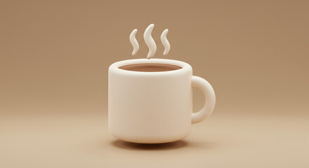 Cozy and minimalist 3D illustration of a steaming hot coffee mug on a simple, neutral beige background