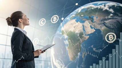 Confident businesswoman analyzing global financial markets with digital charts and Bitcoin symbols.