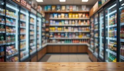 a blurred Modern Convenience Store Interior with Fully Stocked Shelves of Food and Beverages