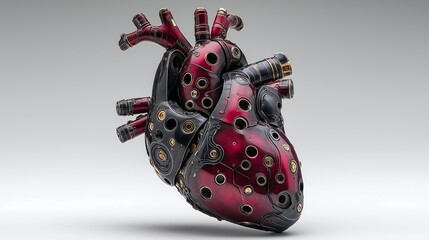 Intricate Red And Black Mechanical Heart Sculpture On White Background