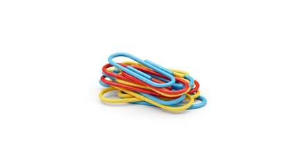 A vibrant, tangled pile of primary-colored red, yellow, and blue paper clips isolated on a clean white background.