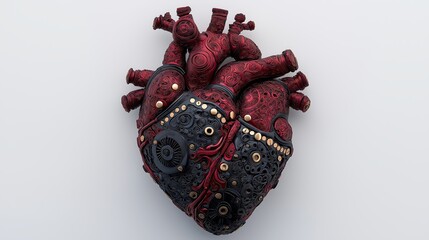 Intricate Red And Black Mechanical Heart Sculpture On White Background