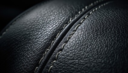 Close-up of black leather with subtle, light-grey stitching, showcasing texture and detail.  The image is dark, emphasizing the material's grain