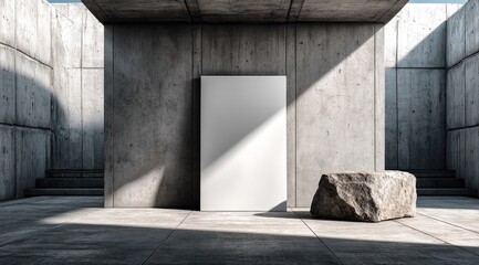 Minimalist concrete structure with blank canvas and rock