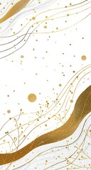 Abstract art featuring gold swirls, speckles, and delicate gold plant sprigs on a white marble-like background