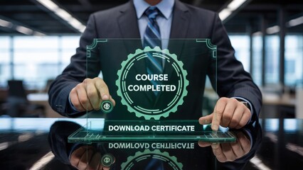 Successful professional receives digital certificate on futuristic interface celebrating course completion achievement