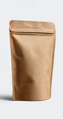 A standing, light-brown, resealable foil pouch with a slightly wrinkled surface and a dark-colored zipper closure, set against a plain white backdrop