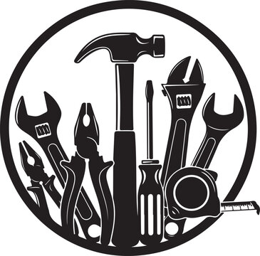 Black and white illustration of various hand tools in a circle hammer wrench