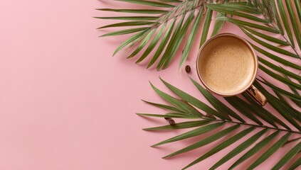 A gold-rimmed coffee cup sits atop a pink background, adorned with lush palm fronds and scattered coffee beans, creating a vibrant, tropical-themed scene