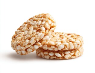 Two golden-brown puffed rice cakes, slightly overlapping, sit on a stark white background, casting subtle shadows.  The texture appears crisp and light
