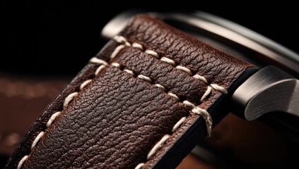 Close-up of a dark brown leather watch strap with off-white stitching, showing texture and detail against a blurred dark background.  The metal casing is partially visible