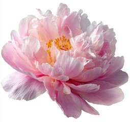 A delicate, pale pink peony blossom, showcasing numerous softly textured petals surrounding a golden-yellow center.  The flower is presented against a stark white background