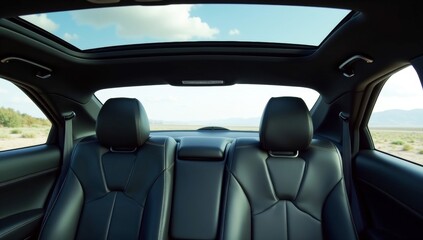 Car interior features comfortable front seats and headrests with sleek blackgrip the steering wheel of an automobile, looking out the window while driving on a road.
