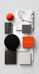 Abstract composition of textured squares, circles, and rectangles in shades of gray, white, black, and orange on a light gray background