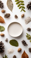 A minimalist flatlay featuring a blank white bowl surrounded by autumn leaves, pine cones, nuts, and powder