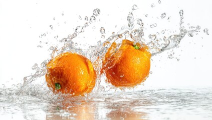Two vibrant oranges submerged in water, creating a dynamic splash against a stark white backdrop; water droplets suspended in mid-air