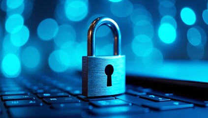 A metal padlock with a key rests on a laptop keyboard, symbolizing internet security and digital protection