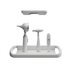 Modern healthcare technology concept with essential diagnostic equipment. Otoscope, reflex hammer, and thermometer on a tray.