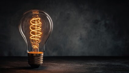 Glowing vintage lightbulb with a spiral filament sits on a dark surface against a textured grey background