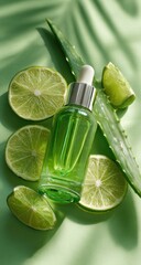 Green glass dropper bottle of serum sits amongst lime slices and aloe vera leaf on a pale green background with dappled sunlight