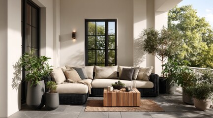 Sunlit patio with sectional sofa, coffee table, and potted plants
