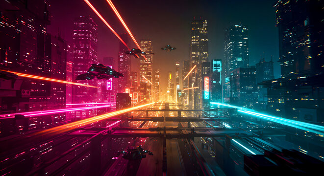 futuristic city nightlife cyberpunk urban landscape with flying cars