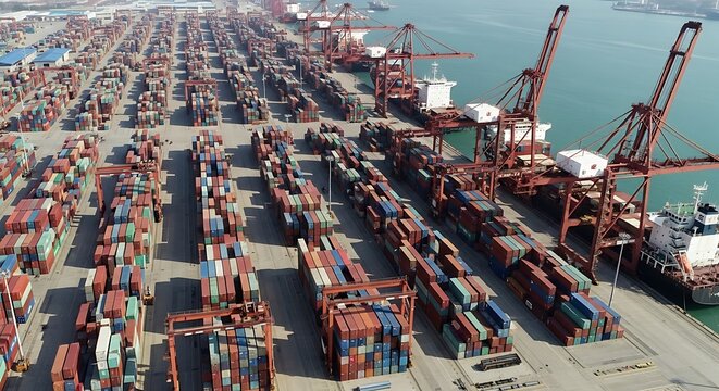 Aerial view of busy port affected by trade tariffs - Powered by Adobe