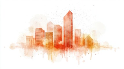 Obraz premium Watercolor Illustration of a City Skyline with Abstract Red Hues and Soft Background Elements