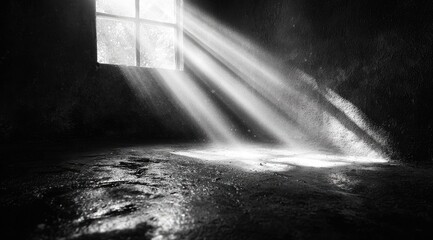 Sunbeams illuminate a dark, dusty room through a grimy window