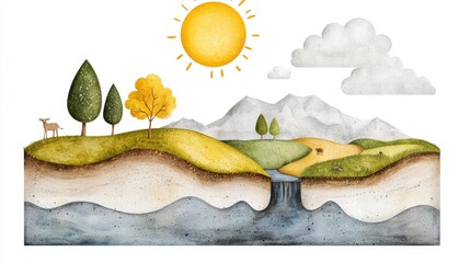 Detailed Illustration of the Nitrogen Cycle in Nature Showing Landforms, Water, and Sun Interaction