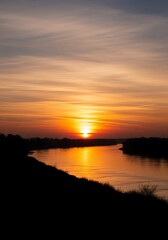 Majestic Sunset Over the River: A Serene Landscape of Nature's Beauty and Peace