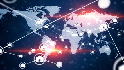 World map with connecting lines and icons representing global network and transportation theme - Powered by Adobe