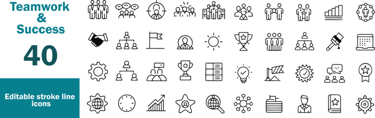 Teamwork Line Icon Set. Containing collaboration, group task, brainstorming, discussion, leadership, remote work, project teams, coordination, shared goal, communication and more. Editable line icons