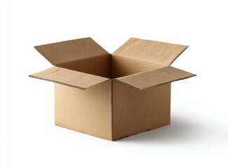 Empty, light-brown cardboard box, square shape, open flaps, isolated on white background, casting a subtle shadow