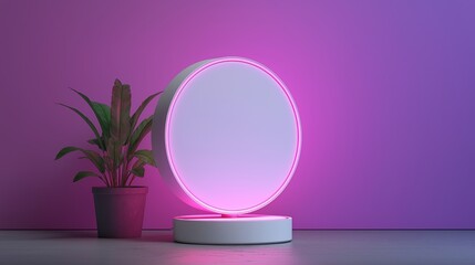 Round Product Display Platform with Pink Neon Light on Concrete Surface